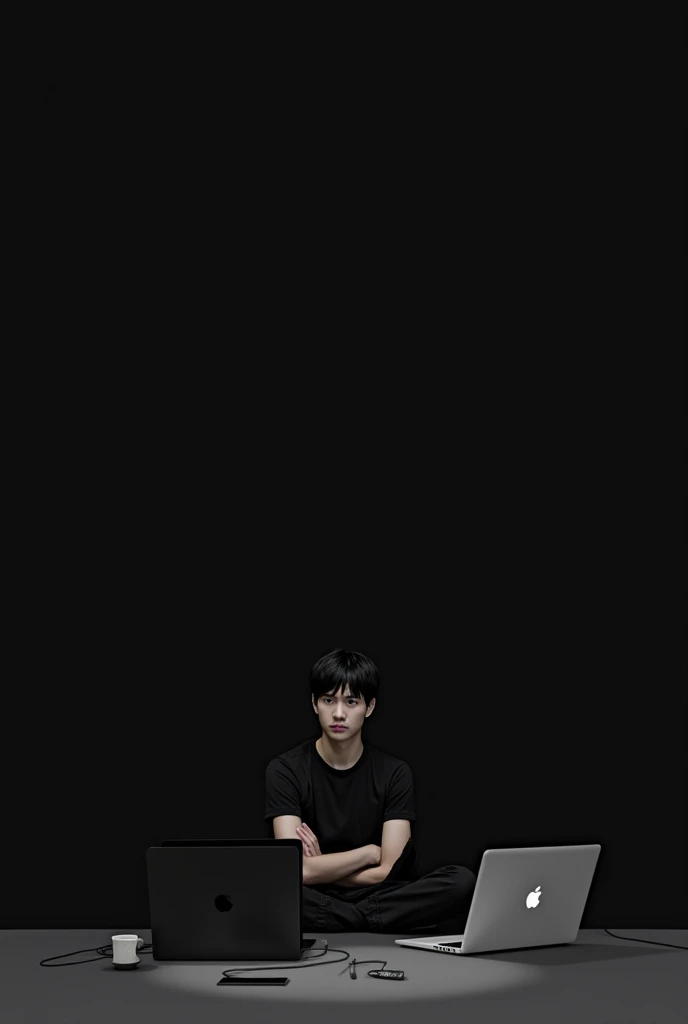 The boy is sitting, he is , he is wearing a black shirt and has black hair, and there is a black background behind him, and in front of him is a Mac and a laptop.