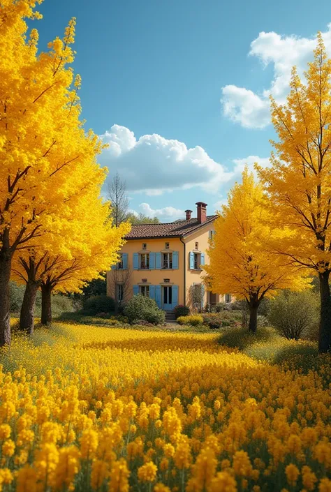 Photo d'une magnifique et grande étendue de forêt de Mimosas en fleurs jaunes, avec au milieu une petite maison provençale colorée, avec des magnifiques fleurs de toute les couleurs sur les fenêtres, et un ciel bleu sans nuages avec des mouettes dans le ci...