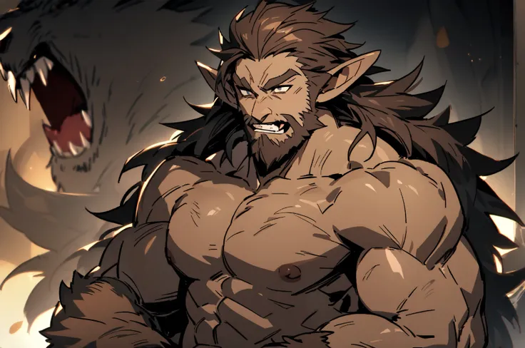 werewolf, and he has slightly pointy ears and a brown tail. He’s buff. His hair is a medium brown color, and he has facial hair, as well as hair on his arms and chest. His eyes are dark blue.