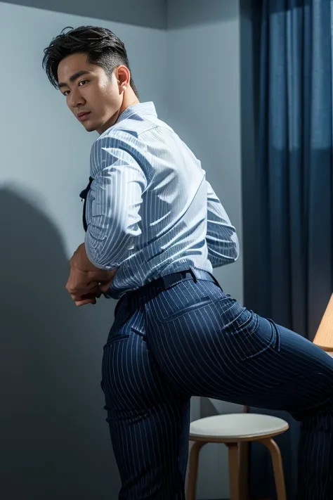 40-year-old boy ,Korean bulky male officer ,Wear navy blue police uniform shirt................ pinstripe navy blue smooth tight trouser, transparent pants obvious underwear print ,((unrealistic super big tight butt wearing pants)), legs wide open, legs on...