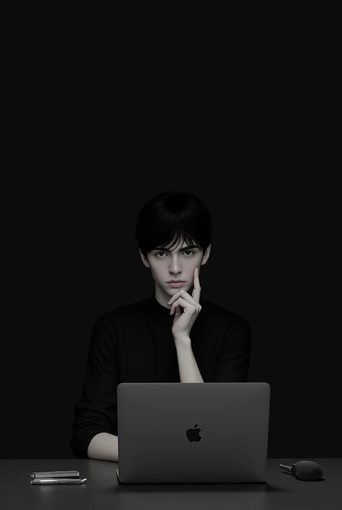 The boy is sitting, he is , he is wearing a black shirt and has black hair, and there is a black background behind him, and in front of him is a Mac and a laptop.