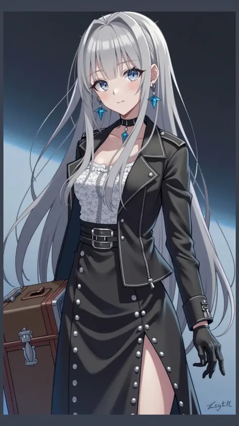  silver hair , Silver eyes,  long hair, 170 cm, 20s,  Innocence  , meltdown:Star Rail , white frill blouse  ,  side slit suit skirt  ,  rider jacket  ,  black choker , blue jewelry piercing, black gloves ,  pose holding a suitcase ,  game character 