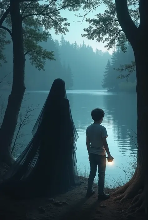 A dark shadow appears through the trees wearing a dress and veil and the 20-year-old boy looking out at the lake with his flashlight in his hand