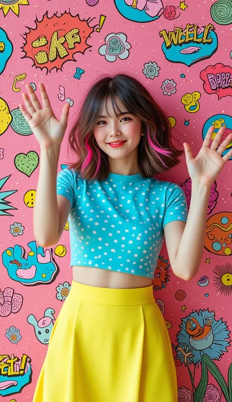 Popartcartoon, detail arts, woman, colorful styles, pop-doodle, a hyper-realistic Asian woman with luminous skin and soft facial features. Her hair is styled into a wavy dark brown bob with streaks of neon pink. She is wearing a fitted blue crop top with w...