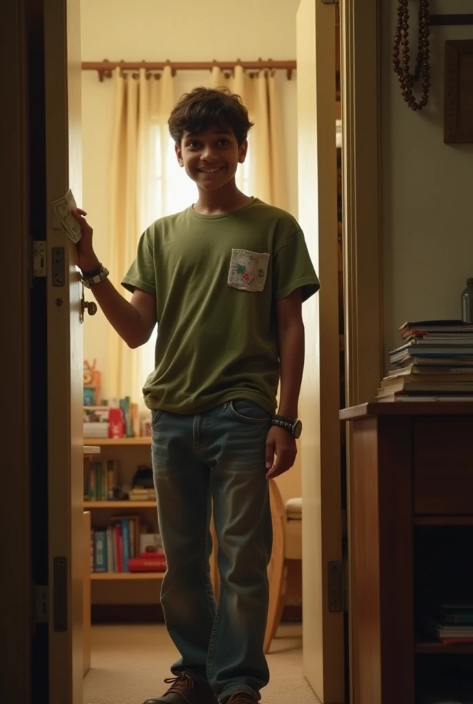 A young Indian boy, around 19 years old, with a carefree attitude, wearing casual clothes. He stands in the doorway of a small dorm room, grinning mischievously. The boy is holding a few cash bills in his hand, offering them to his friend (Arjun) who looks...