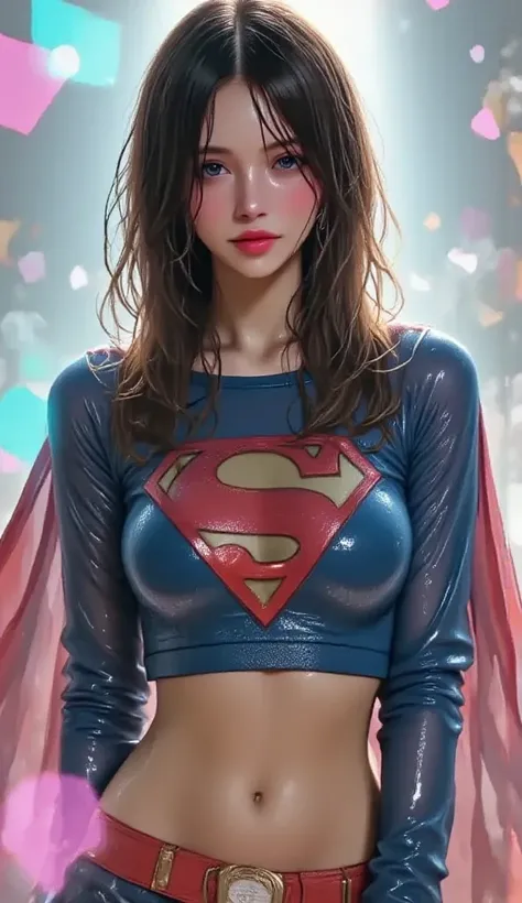 BLUE EYED JAPANESE GIRL WEARING A SUPERGIRL CROP TOP COSTUME AND CAPE. SOAKING WET