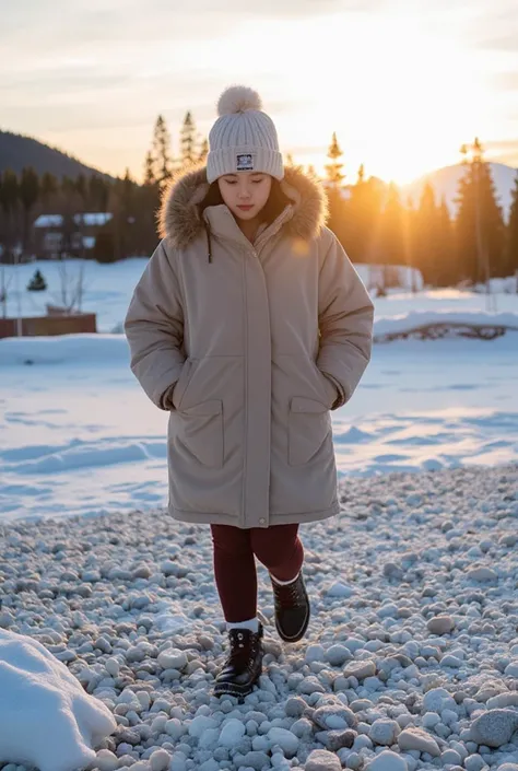  Close-up, a beautiful  asian girl, slightly  chubby walking on small colorful rocks that reflect sunlight, wearing warm clothes in winter walking in the middle of a snow field, cold winter,home village, trees,mountains,icebergs, sunset
