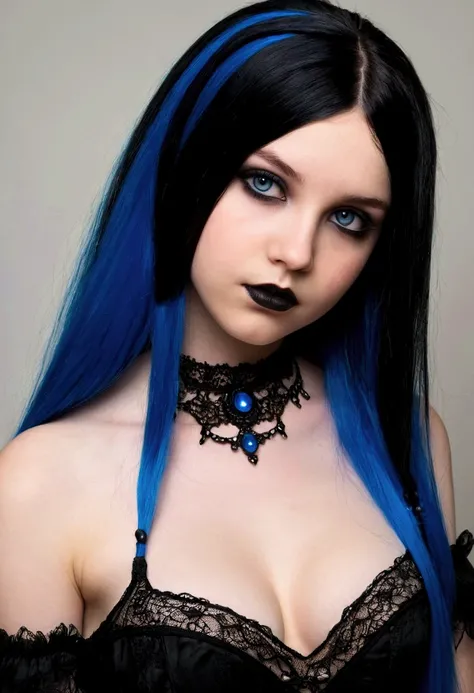 I want a nude 16yo  teen gothic girl ,beautiful face, topless,big breast,who has half blue, half black hair,full body 