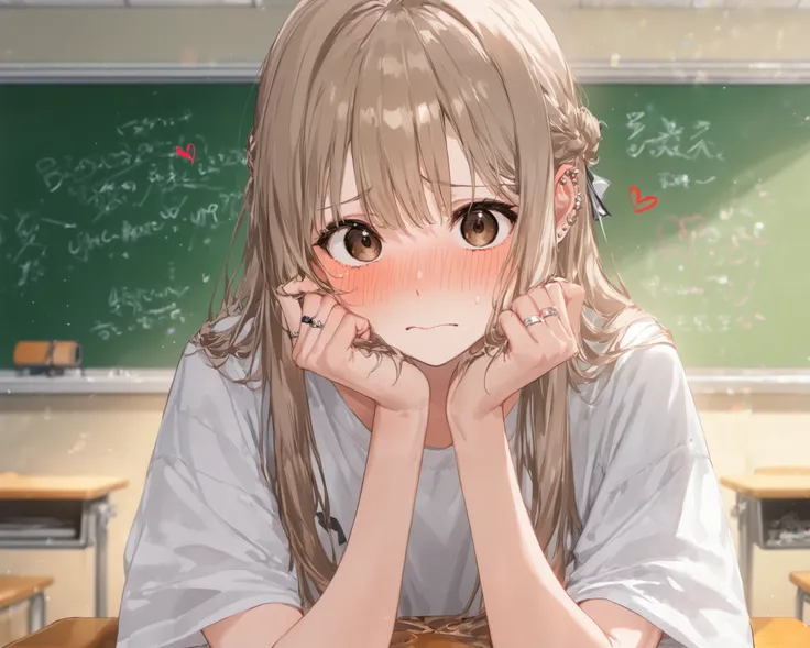  score_9,  score_8_ up ,  score_7_ up ,  score_6_ up ,  score_5_ up ,  score_4_ up, 4K、8k、break、 light brown hair、portrait、 1 girl、 brown eye、 long hair、classroom、{{{{{change}}}}}、 Oversized Shirts、sit、 embarrassed face、Heart Piercing Arrow 、