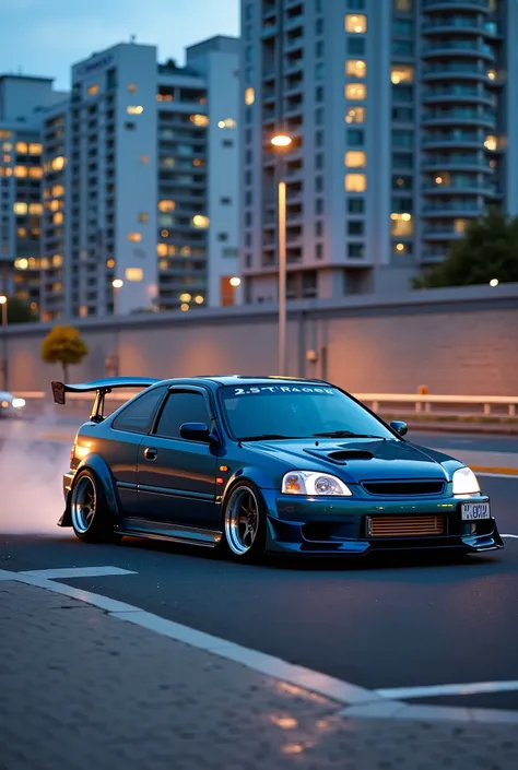 Create a cool, state-of-the-art drift car based on the 1996-2001((( Honda Civic VI coupe))), demonstrating ((modern drift tuning)). The car should have an understated fit, aggressive body kit, wide fenders, (turned-out wheels) and (cast silver sparkling al...