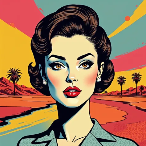 A pop art depiction of 50s woman, featuring bold colors, strong outlines, and a modern, playful feel. Hyper-realistic, vibrant colors, 16k