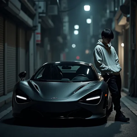 Lean on the matte black McLaren 720S、Man wearing a white hoodie、Short Hair、One Man、solo,  best quality,  anatomically correct, accurate,  Japanese back alley 、night、Wide angle、 high resolution, 