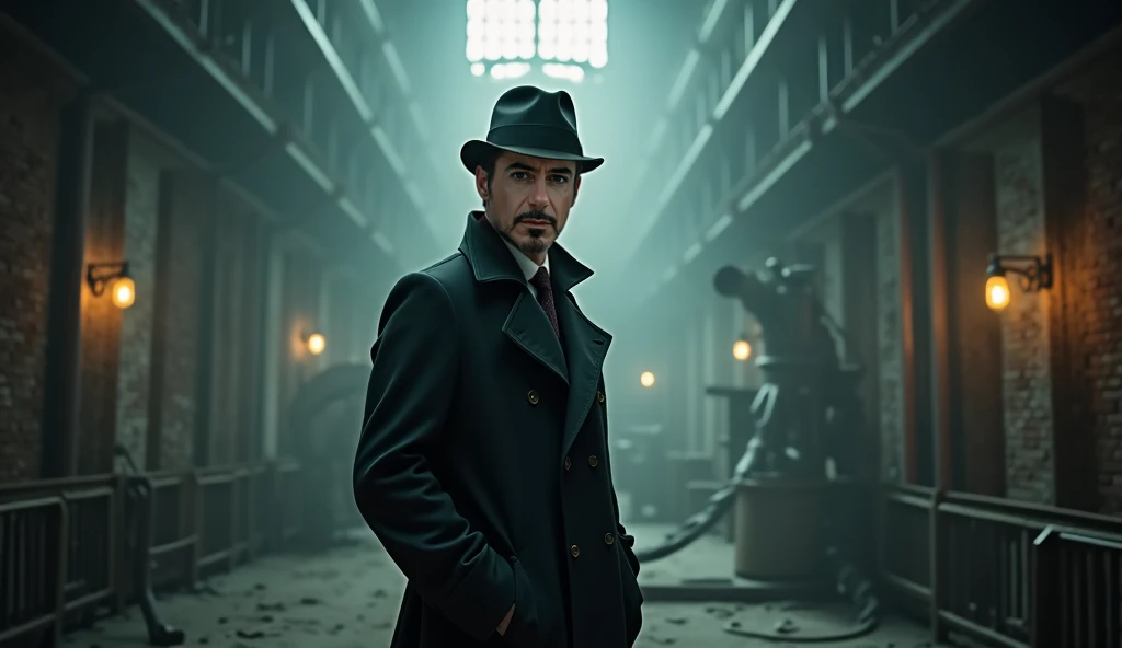 Cinematic and Photorealistic shot of handsome Sherlock Holmes is standing in the dust-filled expanse of an abandoned Victorian-era factory. (Focus on his face)