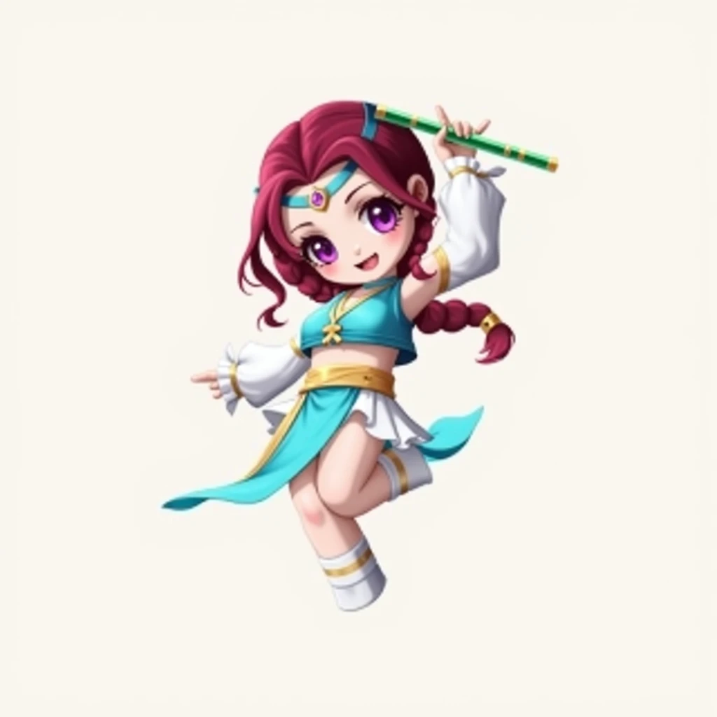 Realistic characters ， wine red hair ，Braid，Hand held flute，full， Beautiful Girl，white foot wrap， to show your belly button，cyan blue dress
