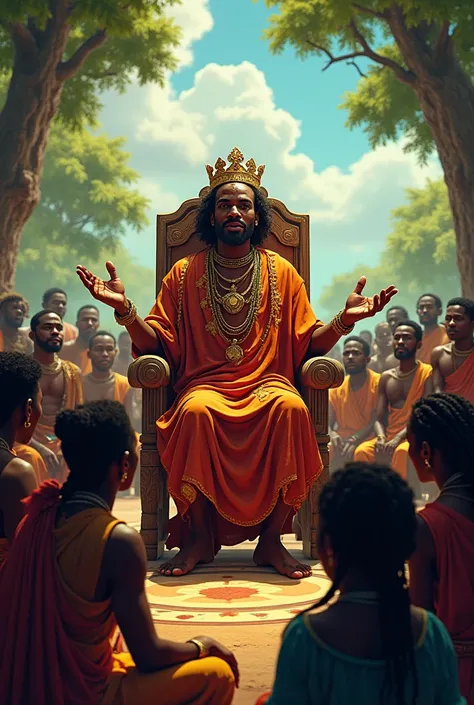 Create an image of African tales of a king telling a story surrounded by many people with the writing african tales by steph