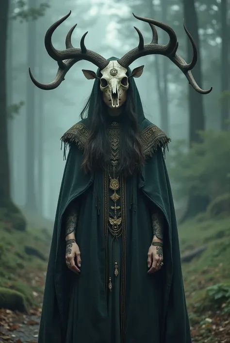 A Nordic witch standing in a misty, enchanted forest. Her eyes are blindfolded with a strip of dark, weathered fabric, emphasizing her reliance on spiritual intuition rather than physical sight. She wears an intricate cloak adorned with ancient runes and f...