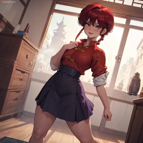 Female Ranma, Braid, Beautiful girl standing alone , Fighting stance, ((hands in fist)),  smiling, Red lips, ((white_eyes)),  lipstick, grandes ojos bluees,  short red hair ,  blushing ,  perfect big boobs , ((Ancient Chinese Red Shirt)), ((open shirt that...