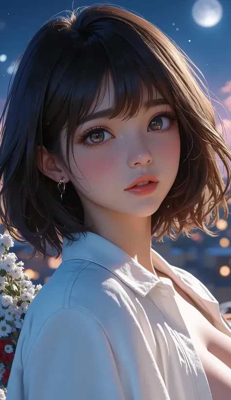Lori anime girl , realistic shadows, detailed skin, Extra Large Breasts , black hair, very detailed, 8K high resolution face , Perfect Face Shape, Perfect Lips, Perfect Nose, beautiful eyes, viewers, white shirt, Bright Moon, masterpiece, best qu...