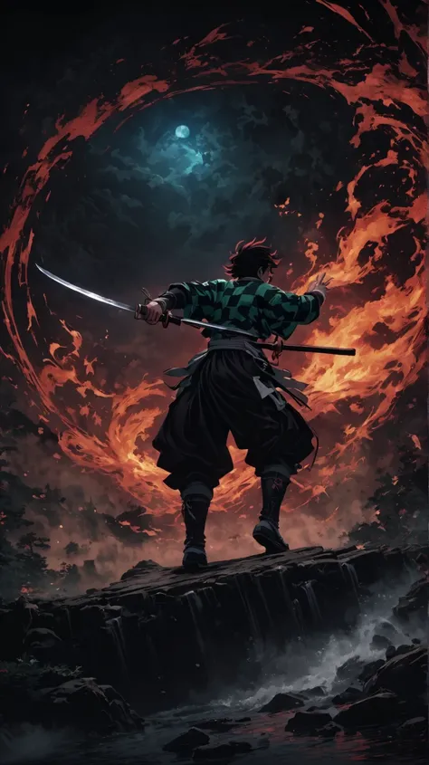 (1 man,Tanjiro Kamado), Demon Slayer,Tanjiro costume , Tanjiro has a sword , Water and fire effects ,Complicated details,,decadent,Artwork,rendering, dynamic pose ,( masterpiece :1.3),( highest quality:1.4),( Super detailed :1.5),  high resolution, very de...