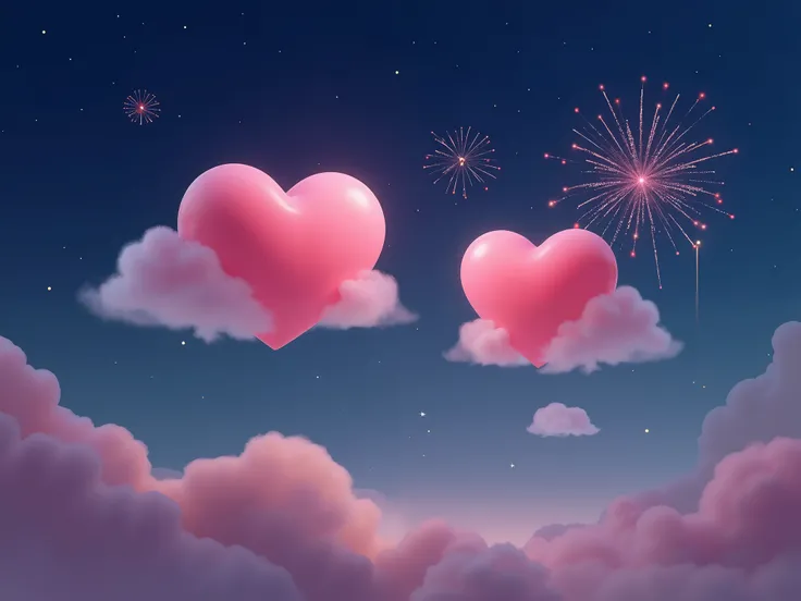 Pink Valentine's Day ，Sky， night view， pink love clouds，fireworks