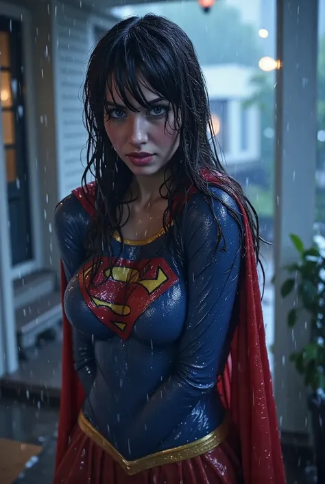 JAPANESE GIRL (WEARING A SUPERGIRL COSTUME AND CAPE) A VERY SEXY BLUE EYED, BLACK JAPANESE GIRL WEARING A SUPERGIRL COSTUME AND CAPE. SOAKING WET FROM THE RAIN OUTSIDE THE FRONT PORCH POUTING. COMPLETELY SOAKED AND WET.4K, 8KHAIR AND CLOTHESB AND CAPE DREN...