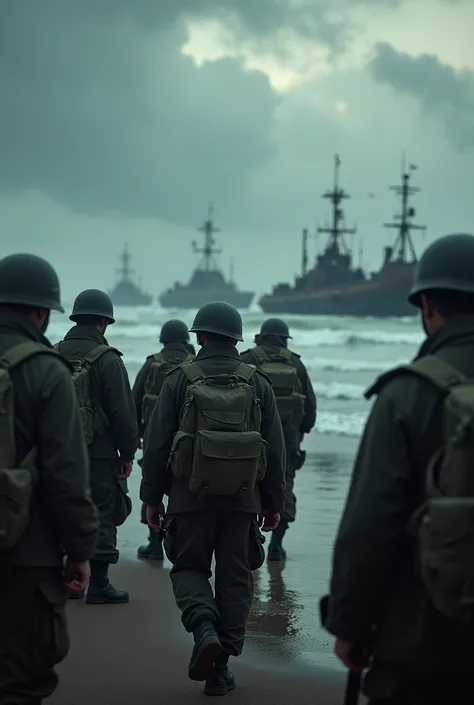 Allied soldiers boarding landing crafts, preparing for the D-Day invasion, with stormy seas and tense faces."