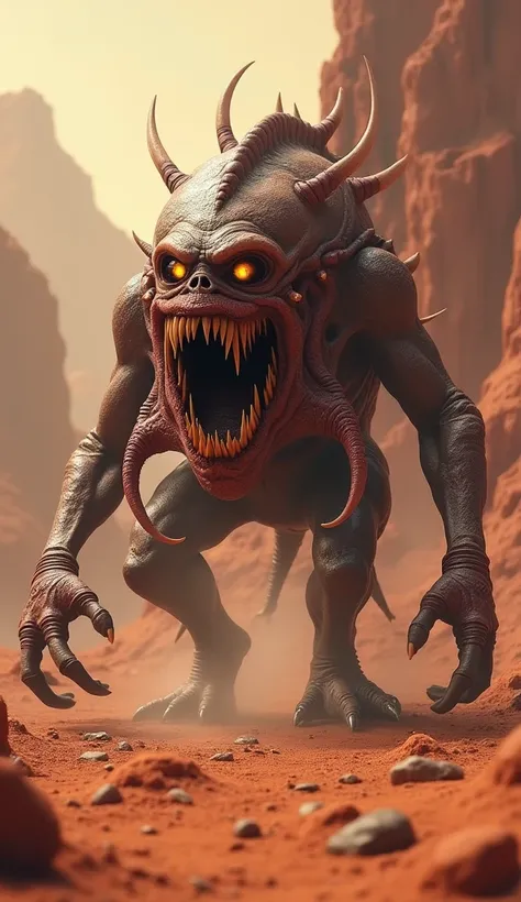 A creature from Mars with a protruding mouth and hands like an octopus