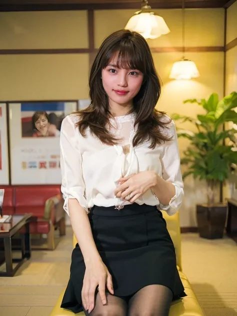 nsfw,one woman,(super tight skirt,lace blouse),whole body,(:1.8),cute face,bangs,from front,looking at viewer, indoor,hotel,high quality,photorealistic,masterpiece,highly detailed,japanese