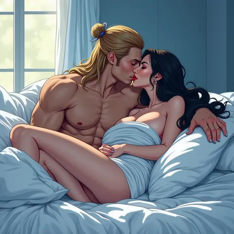 illustration, illustration, illustration, arte digital. 
 IN A ROOM WITH,  THERE IS A WOMAN LYING ON THE WHITE SHEETS AND THE MAN IS ON TOP OF HER KISSING HER. THE TALL MAN, much taller than her,  MUSCULAR AND TONED WITH LONG BLOND BROWN HAIR TIED IN A BOW...