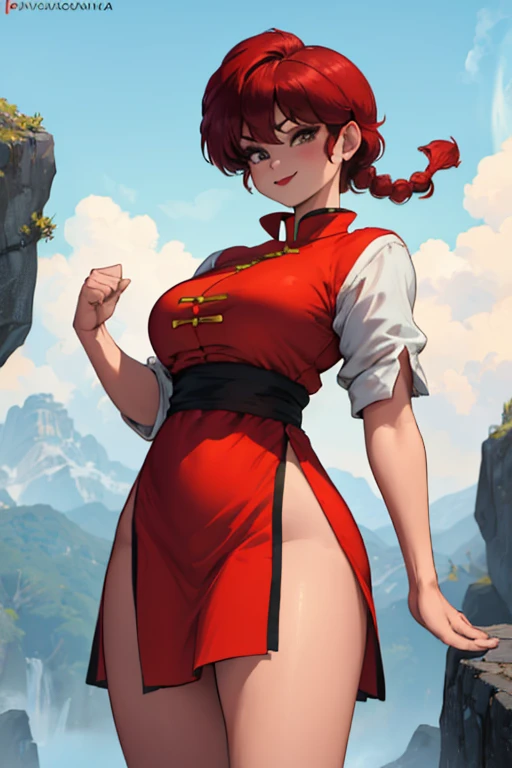 Female Ranma, Braid, Beautiful girl standing alone , Fighting stance, ((hands in fist)),  smiling, Red lips, ((white_eyes)),  lipstick, grandes ojos bluees,  short red hair ,  blushing ,  perfect big boobs , ((beautiful classic Chinese micro dress)), ((ope...