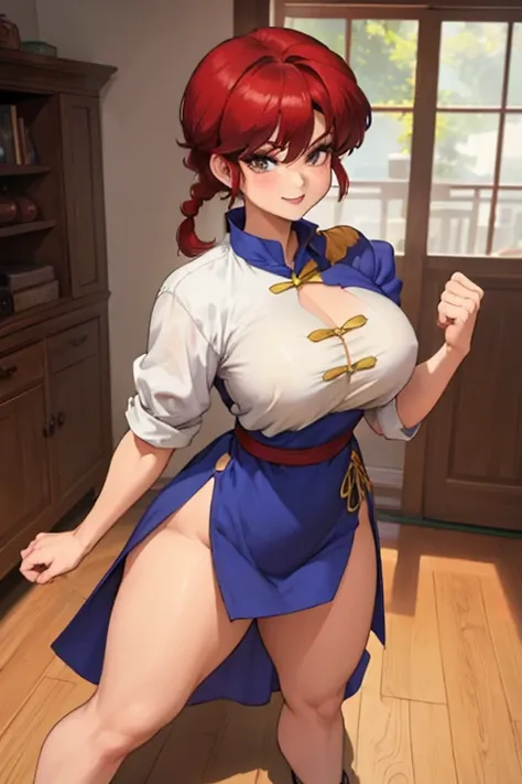 Female Ranma, Braid, Beautiful girl standing alone , Fighting stance, ((hands in fist)),  smiling, Red lips, ((white_eyes)),  lipstick, grandes ojos bluees,  short red hair ,  blushing ,  perfect big boobs , ((beautiful classic Chinese micro dress)), ((ope...