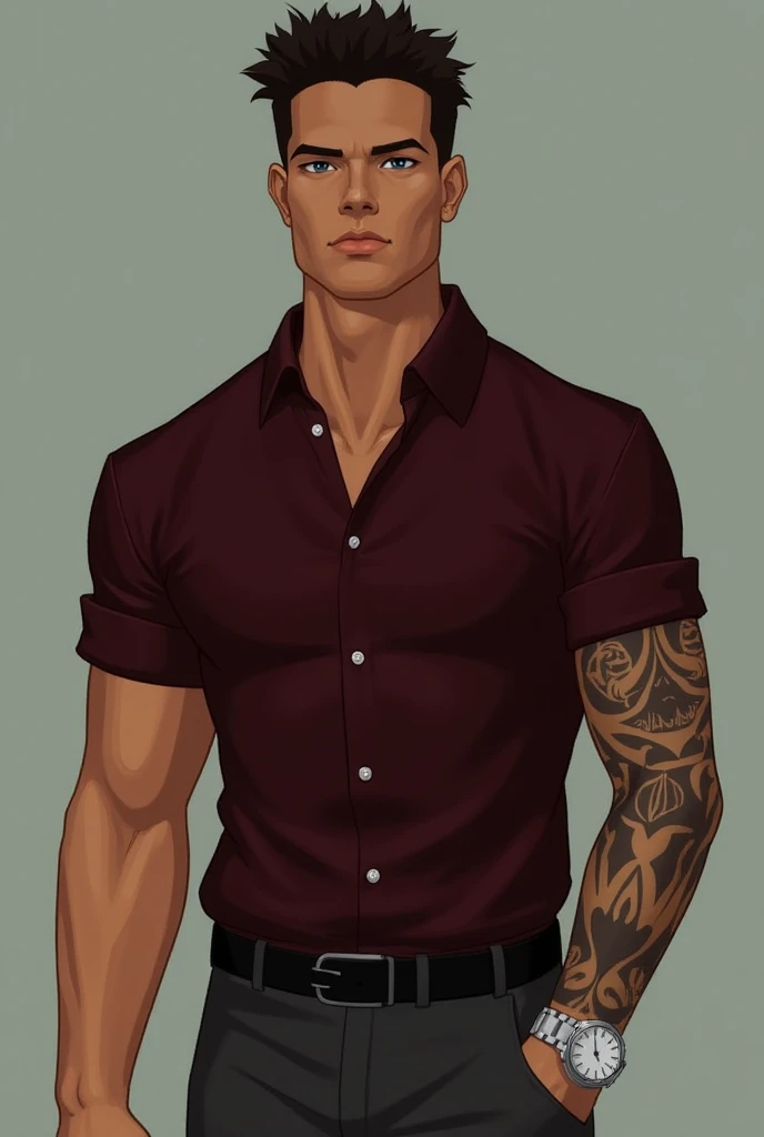 Samuel Soe from Lookism, tanned skin, no tattoos on his left arm. The right arm has a tattoo all the way to the hand. The left side of the neck has a slick back tattoo and a silver watch on the left arm. Wear a dark red shirt and slacks.