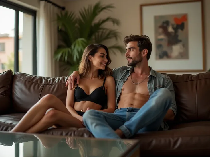 In a stylish modern living room, a young woman in a sexy, large-breasted underwear-only dress sat next to a man in casual clothes on a large leather sofa. Her posture was confident yet seductive, leaning slightly towards him, her lips curved into a mischie...