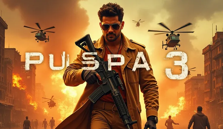 An action-packed cinematic poster featuring ALLU ARJUN, wearing sunglasses and a orang designer safari suit, holding a automatic gun an intense pose. The backdrop showcases a war-torn city with fiery explosions, helicopters flying and tan, and dramatic lig...