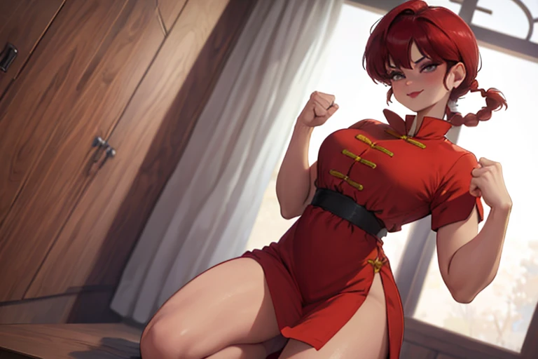 Female Ranma, Braid, Beautiful girl standing alone , Fighting stance, ((hands in fist)),  smiling, Red lips, ((white_eyes)),  lipstick, grandes ojos bluees,  short red hair ,  blushing ,  perfect big boobs , ((beautiful classic Chinese micro dress)), ((ope...