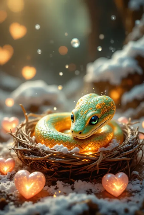  A beautiful snake detailed with beautiful iridescent scales of light orange and green, looks out of a small straw nest in which there are beautiful chocolates in the form of hearts with a beautiful glow in soft pink, light snow lies ,  snowflakes are circ...