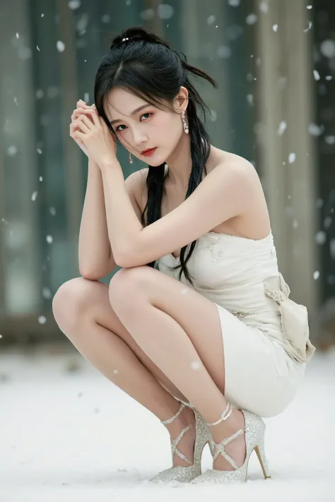 Ultra HD,, details,realistic,Realism, are anatomically correct, A Skinny Female Model ， beautiful legs long legs thin legs,Chinese,Sitting in a snowstorm and praying,white strappy halter dress,white ultra-thin heels, mature temperament ,Injuried,bleed, pon...