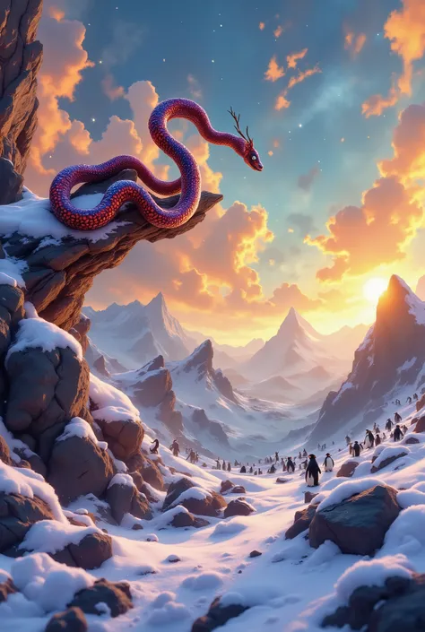 A very beautiful oil painting , snake looks beautiful on a tree A very large cobra with bright patterns, looks at penguins sitting below on the ground in the Arctic snow , very warm sunny day , Pixar style, cartoon, masterpiece, 8 k, Best quality, m...