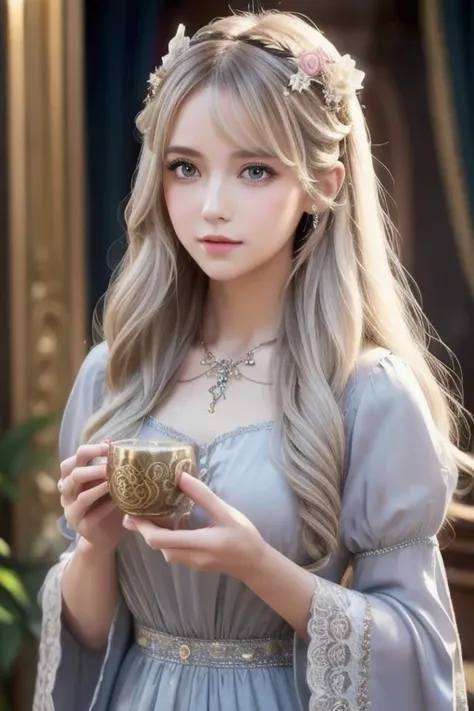  1 girl,  long hair, Light Hair Color,  enchanting eyes,  Mysterious Expressions , Mature Appearance, Attractive dress,  Relaxed Dress, Elegant Jewelry ,  Intricate Decorations , Magic symbols, Glowing Accessories,  potion , Scroll,  Cute Accents, bow, rib...