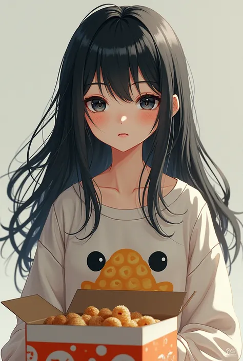 Dark eyed, dark-haired anime girl wearing turtle snack clothes and wearing an open box turned upside down