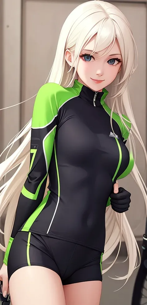 woman, smile, long hair white, normal, she is solo, from alternative world ,best quality, realistic, cycling green black color suit and cycling sports shorts