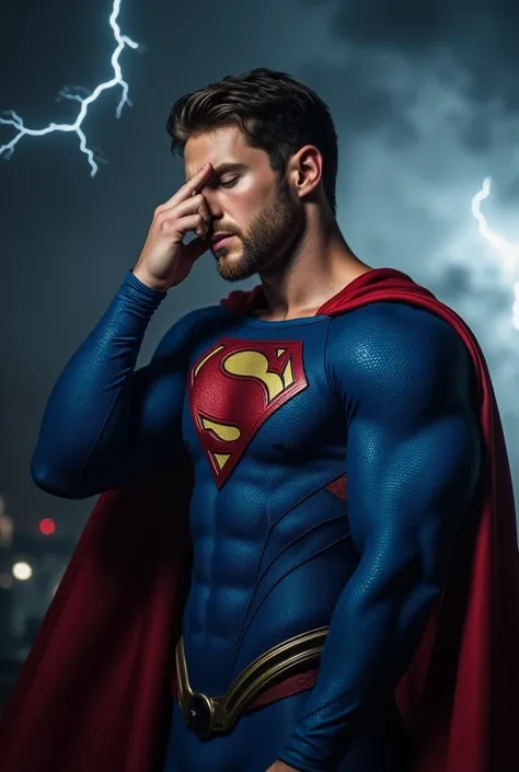 attractive European Man, ericjanicki, Handsome, blue coloured eyes, short brunette hair, 30 years old, beard, dressed in tight blue Superman suit, a red cape falls behind his shoulders, stands against a wall, Feeling Unwell And Touching Forehead, His facia...