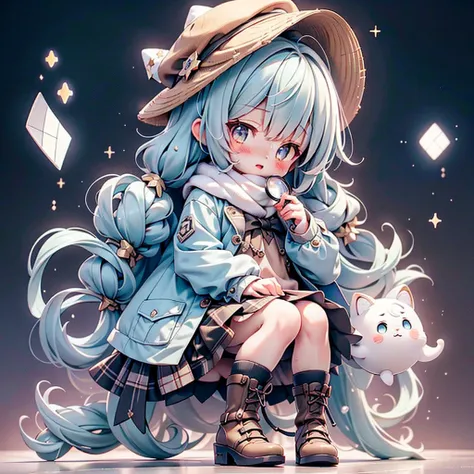  1girl , pretty face、 Sherlock Holmes、(Slender figure)、Baby Face、 milky white and blue gradation hair color 、 simple background、 droopy eyes 、((( amazing composition 、 best quality、 Top Masterpieces、 Official Art、 more details、 high definition 、CG、 Award-w...