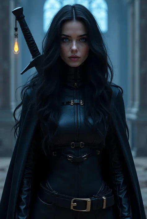 Asaiah Grece Cardinallis - Pitch Black long wavy hair, with lightning blue eyes, Fair skin, 5'9 tall, Bold and ethereal, dangerous as the lightning but prestine as the celestials, full lips, prominent and striking features. Wearing a tight black leather ta...