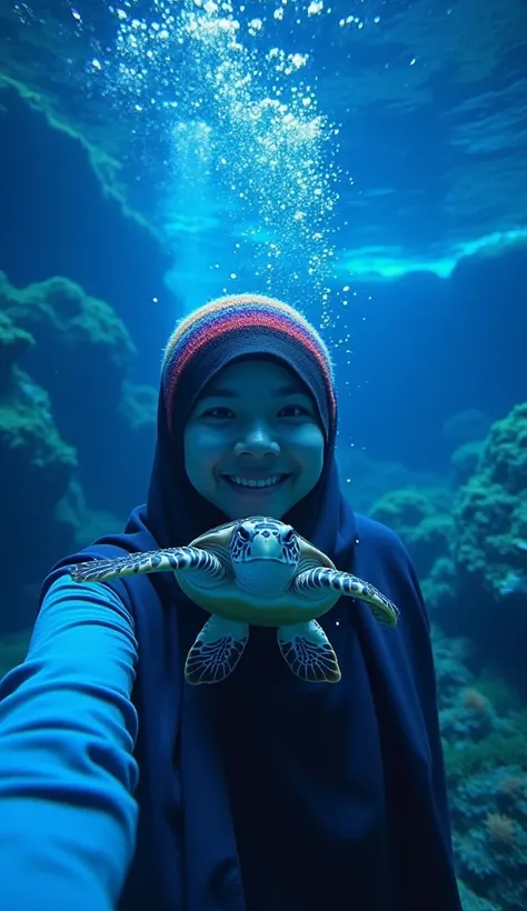  An Indonesian woman in a hijab with a colorful knitted hat is seen taking a selfie underwater with a cute baby turtle.  His face looks close to a cheerful expression ,  surrounded by bioluminescent blue light emanating from the clear water .  The baby tur...