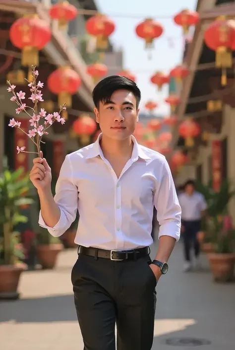  A man in a white shirt, black pants, walking on spring street , Vietnamese Traditional New Year, peach blossom branch handle