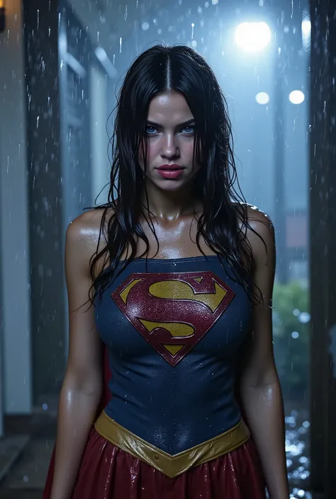 JAPANESE GIRL (WEARING A SUPERGIRL COSTUME AND CAPE) A VERY SEXY BLUE EYED, BLACK JAPANESE GIRL WEARING A SUPERGIRL COSTUME AND CAPE. SOAKING WET FROM THE RAIN OUTSIDE THE FRONT PORCH POUTING. COMPLETELY SOAKED AND WET.4K, 8KHAIR AND CLOTHESB AND CAPE DREN...