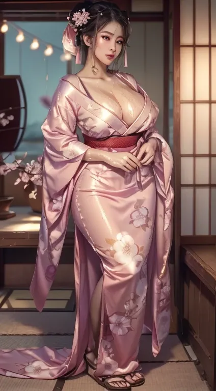 A photo of a young, nerdy japanese  woman in hijab (Photorealistic: 1.2, highest quality, 8K, Wet: 1.3), (Female, 2, japanese in hijap, cherry blossom kimono, Sweat: 1.2, Wet: 1.2, Cleavage, Big breasts, Big ass: 1.3,, Smooth skin, (Film lighting), lying o...