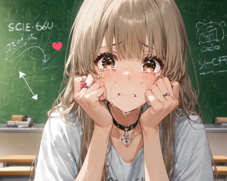  score_9,  score_8_ up ,  score_7_ up ,  score_6_ up ,  score_5_ up ,  score_4_ up, 4K、8k、break、 light brown hair、portrait、 1 girl、 brown eye、 long hair、classroom、{{{{{change}}}}}、 Oversized Shirts、sit、Crying face、Heart Piercing Arrow 、