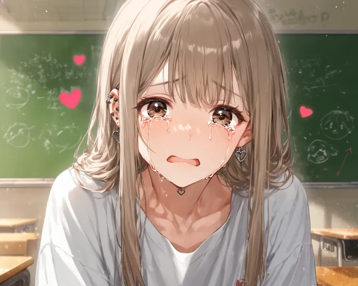  score_9,  score_8_ up ,  score_7_ up ,  score_6_ up ,  score_5_ up ,  score_4_ up, 4K、8k、break、 light brown hair、portrait、 1 girl、 brown eye、 long hair、classroom、{{{{{change}}}}}、 Oversized Shirts、sit、Crying face、Heart Piercing Arrow 、